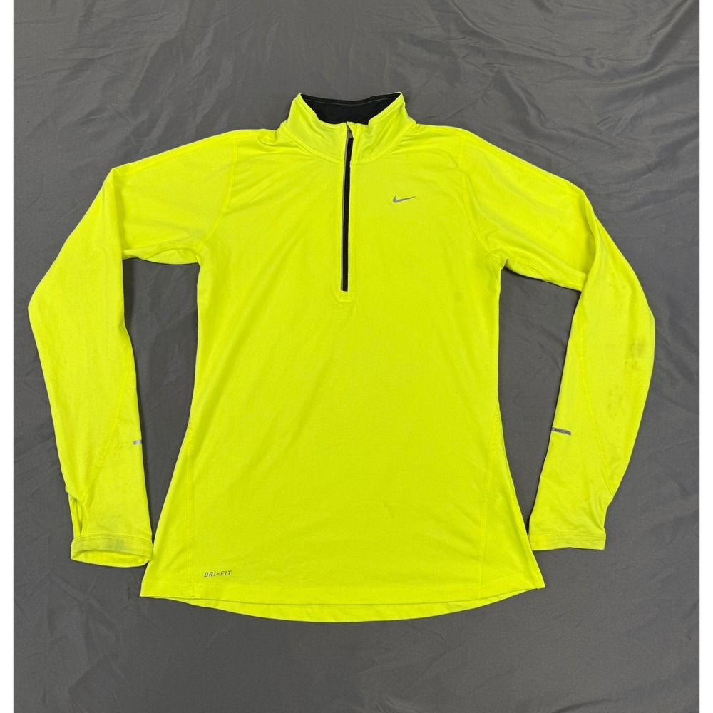 Nike Running Dri-FIT Half Zip Pullover Neon‎ Yellow Volt Womens Small Thumbholes